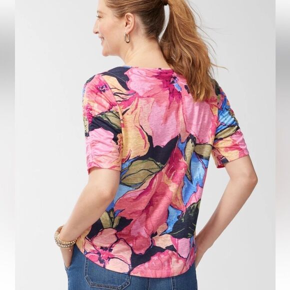 Chicos medium Linen Floral Ruched Sleeve Tee - Picture 1 of 16